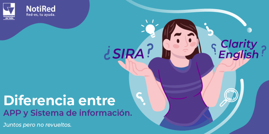 Ilustración de una persona intrigada, al lado el título: "Diferencia entre APP y Sistema de información".