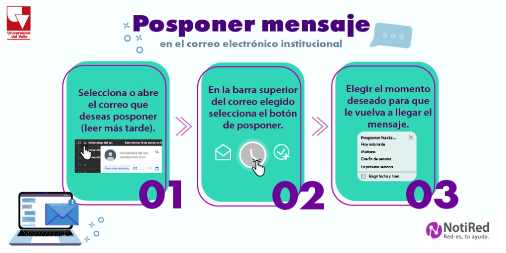 Infografía de tres pasos con el título: "Posponer mensaje en el correo electrónico institucional". 