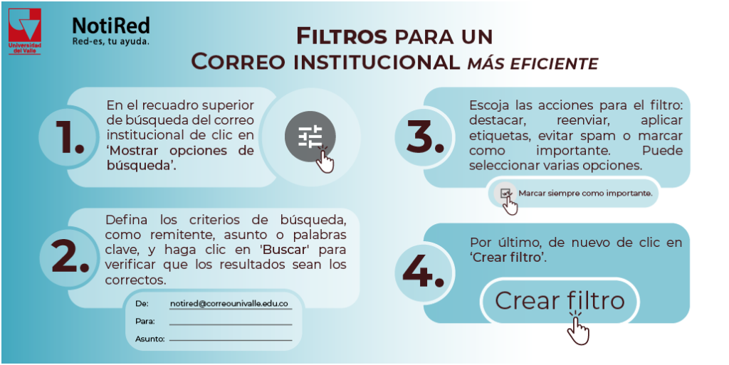 Infografía de cuatro pasos con el título: "Filtros para un correo institucional más eficiente".