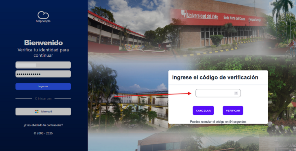 Interfaz de GESTIC mostrando el aviso de "Ingrese el código de Verificación".