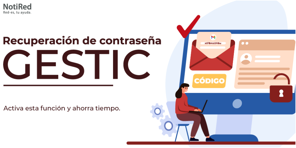 Ilustración de una persona sentada frente a una computadora, al lado del título "Recuperación de contraseña GESTIC".