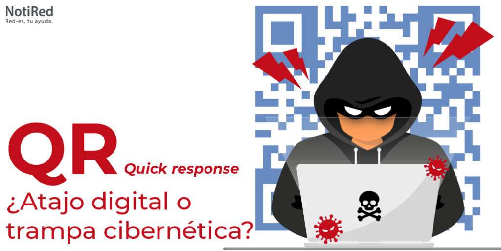 Ilustración de Hacker frente a un código QR con señales de alerta, tiene el título: "QR quick response ¿Atajo digital o trampa cibernética?"