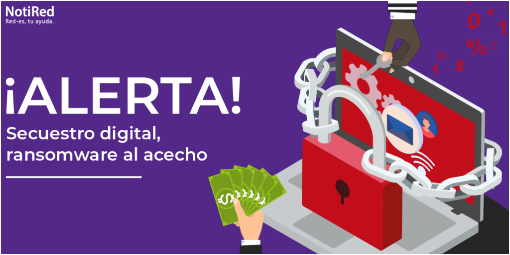 Ilustración de alerta sobre el ransomware (secuestro digital). Muestra una mano con un fajo de billetes siendo ofrecida a un ordenador portátil, cuya pantalla está encadenada y bloqueada por un gran candado rojo.