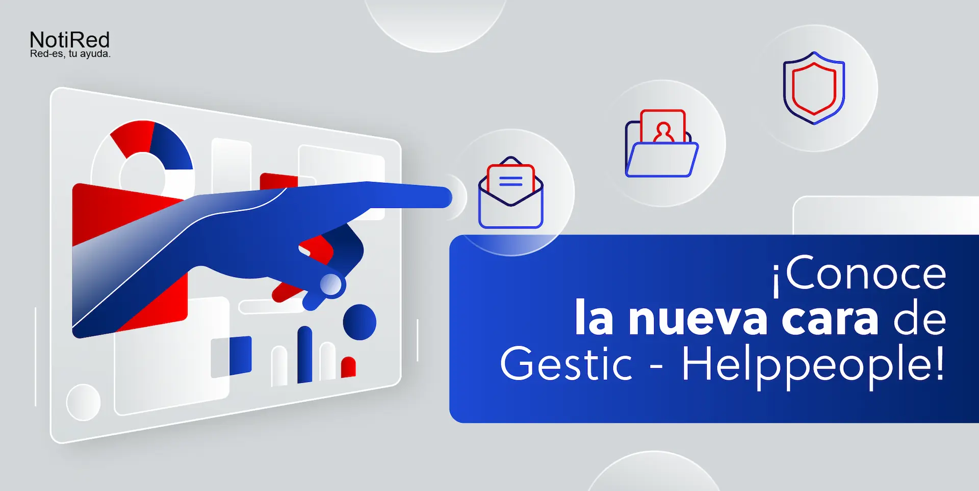 Ilustración que muestra el lanzamiento de la nueva cara de Gestic - Helppepople. Muestra una mano azul saliendo de una pantalla, señalando símbolos de correos y protección digital.